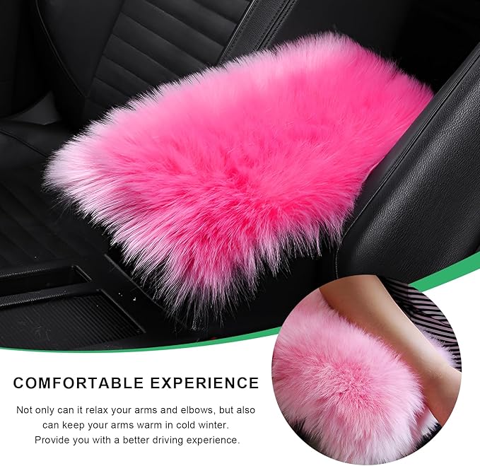 Furry Car Center Console Cover Pad, 11.8"×7.9" Auto Fluffy Plush Center Armrest Protective Cover, Comfortable Fuzzy Armrest Seat Box Protector Cushion for Cars Trucks SUVs (Dark Pink)
