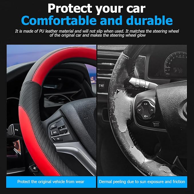 AUCELI Car Steering Wheel Cover, 14 1/2"-15" Leather Non-Slip Breathable Elastic Automotive Steering Wheel Protector, Sporty Car Accessories for Women Men, Universal for SUV, Truck, RV