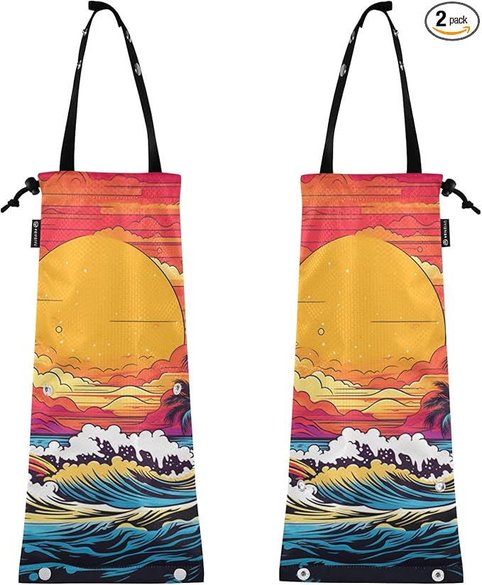 ALAZA Hanging Car Trash Bags Garbage Bag Trash Can for Back Seat Small Sea Wave Sunset Washable Storage Bag Retractable 2 Pack