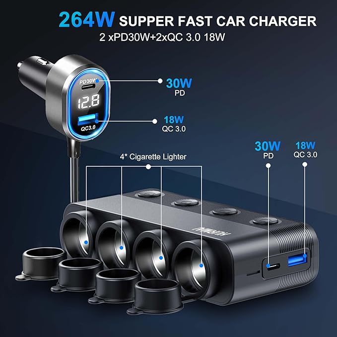 8 in 1 Cigarette Lighter Splitter,264W 4 Socket Car Cigarette Lighter Adapter,Type-C QC3.0 PD 30W Charging,Heavy Duty Truck Car USB Chager Multi Plug Outlet 12V/24V Independent Switches,LED Voltmeter