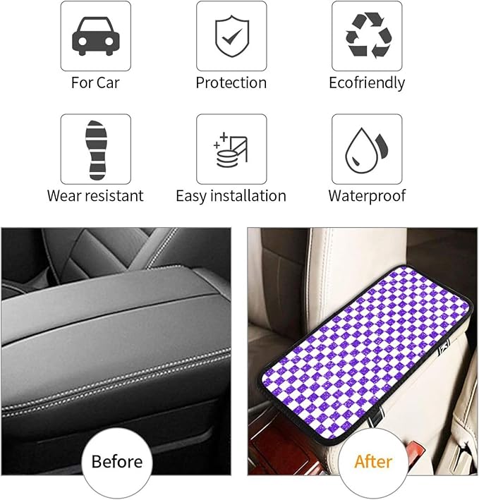 Glitter Purple White Checkered Chessboard Flag Car Armrest Pad Cute Cars Center Console Cover Auto Handrail Box Cushion Armrests Cover