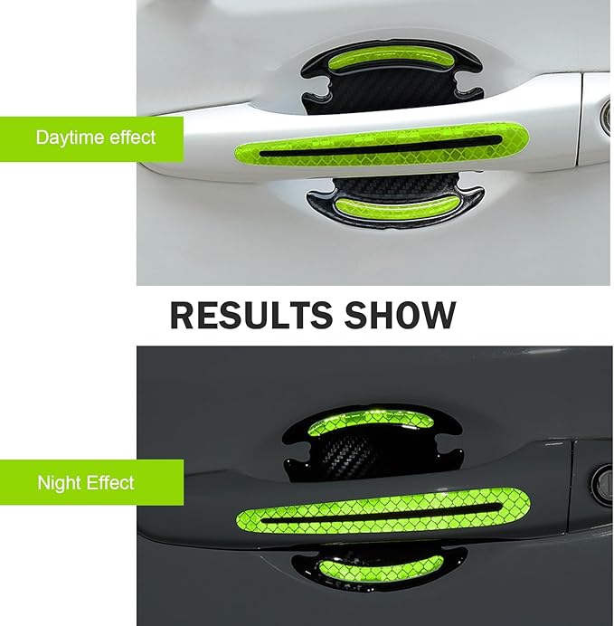 8PCS 3D Carbon Fiber Car Door Handle Protector Sticker, Universal Auto Door Handle Anti Scratch Cover Guard, Car Outdoor Safety Reflective Strips, Paint Guard Protective Films(Green)