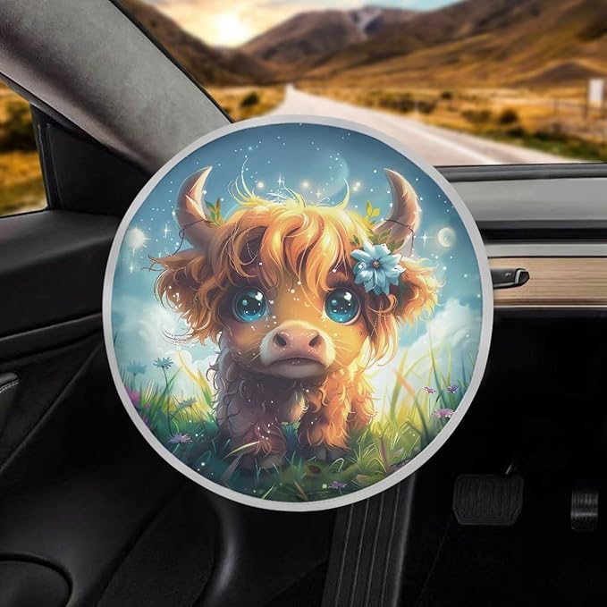 Highland Cow Steering Wheel Sun Shade Cute Cooling Car Steering Wheel Sun Shade Cover Universal Fit 17 Inch Car Rudder Protector Block UV Rays Reflector, Easy to Install