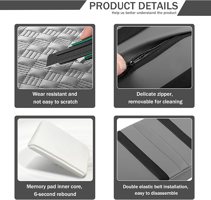 Hbxdeco Car Armrest Cushion, 12.2"×8.3" Leather Auto Memory Foam Center Console Pad with Storage Pocket, Waterproof & Anti-Scratch Elbow Pillow Armrest Seat Box Protector, Universal Fit (Gray)