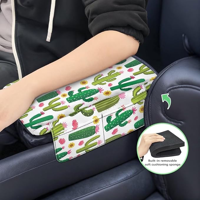 Dreaweet Cactus Print Center Console Armrest Cover with Side Pockets Thick Armrest Cover for Car Truck SUV Van,Soft Non-Slip Car Arm Rest Cover Pad