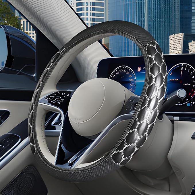 Car Steering Wheel Cover, 15 inch Elastic PU Leather Non-Slip Vehicle Steering Wheel Protector, Breathable Automotive Interior Accessories, Universal for SUV, Truck, RV (White)