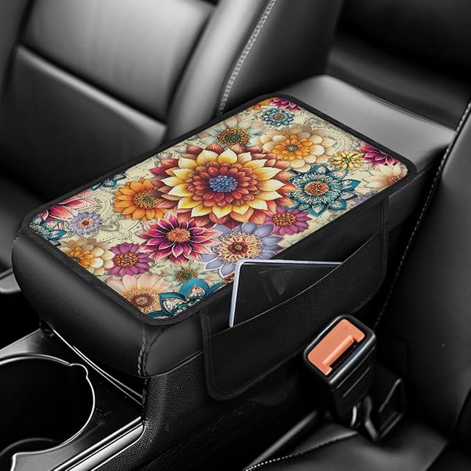 CLOHOMIN Dahlia Car Center Console Armrest Cushion Soft Armrest Cushion Pad Flowers Armrest Cover Fit for Most Vehicles Auto Decorative Accessories