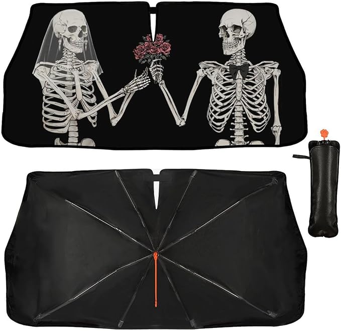 DOPINDU Funny Skull Car Windshield Sun Shade Umbrella Bendable Handle Foldable Skeleton Sunshade for Car Windshield Block UV Rays Keep Vehicle Cool for Most Sedans SUV Trucks Cars 57"x30"