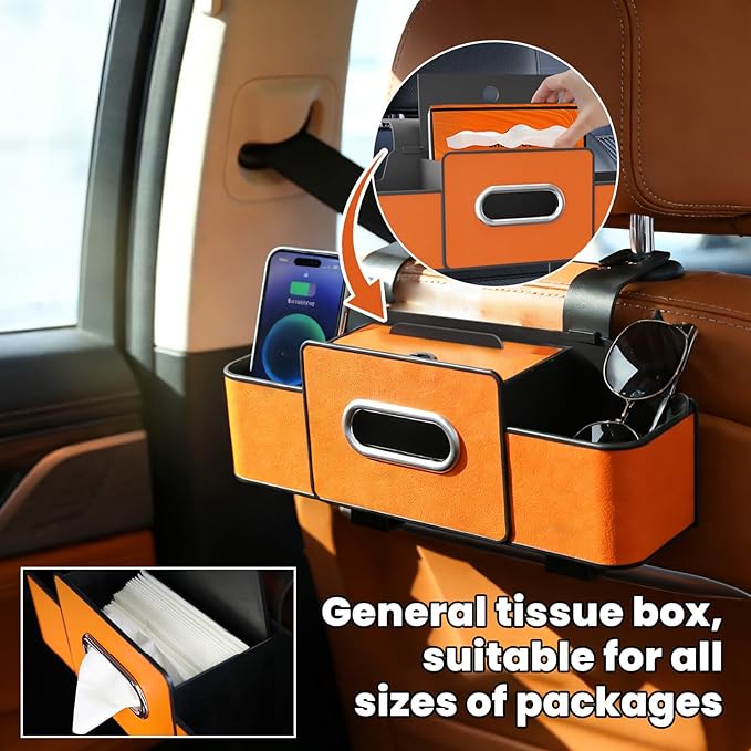 ROVIA Multifunctional 3‑in‑1 Car Seat Back Storage Box Organizer with Cup Holders, Tissue Box Slot & Headrest Hooks – Backseat Car Organizer for Phones, Snacks, Drinks, Bags, Travel Storage (Black)