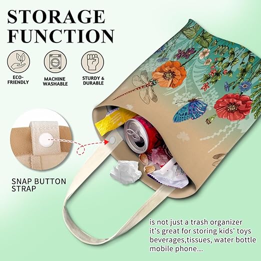 Car Trash Can, Cute Car Trash Bag, Hanging Car Organizer and Storage Bag, Trash Bin for Car Accessories, Vehicle, Travelling, Camping Beige Blue Butterfly Pattern