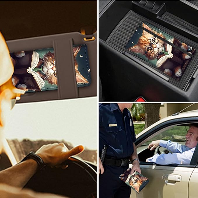 RAUEDWDJS Car Registration and Insurance Holder,Leather Vehicle Glove Box Organizer Wallet Case for Driver's License,ID Key Information Cards-Reading Cat