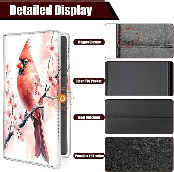 Car Document Holder with Magnetic Shut, Car Registration and Insurance Card Holder, Vehicle Glove Box Organizer Documents, Driver License, Auto Paperwork Organizer Wallet, Red Bird In Cherry Blossoms