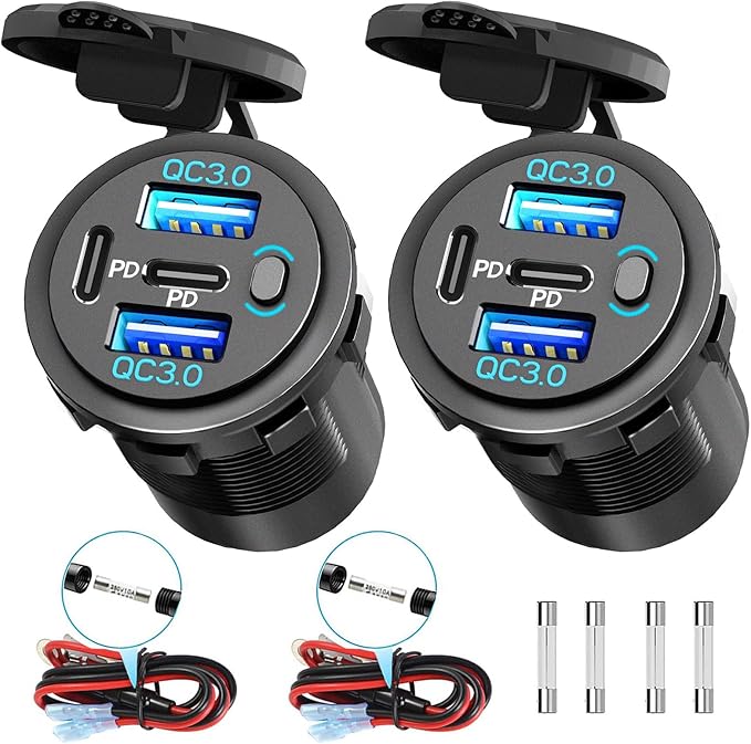 2 Pack Quad-Port 12V USB Outlet with Switch & LED - 78W Dual QC3.0 & Dual PD3.0 USB C Car Charger Socket for RV Motorcycle Marine Truck Golf Cart Boat Accessories