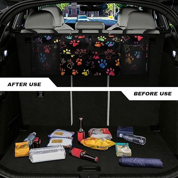 Dreaweet Colorful Dog Paw Print Trunk Organizer for Car Women Hanging Seat Back Storage Car Backseat Trunk Organizer Collapsible Car Storage Bag with 4 Pockets SUV Car Organizer