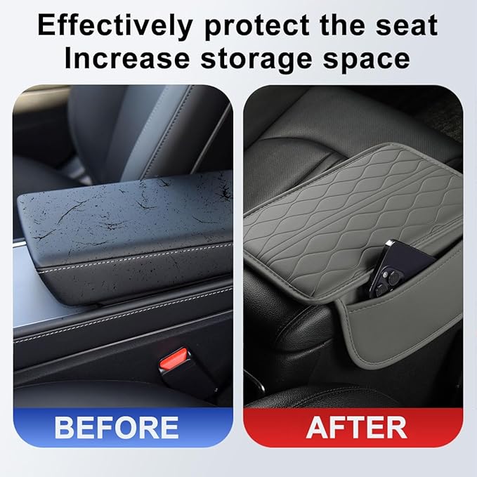 Car Center Console Cover, Leather Vehicle Armrest Seat Box Pad Cushion with 2 Storage Bags, Automotive Interior Arm Rest Protector Accessories, Universal for SUV, Sedan, Truck (Gray)
