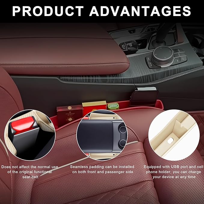2 PCS Car Seat Gap Filler Organizer, Multifunctional Auto Side Seat Gap Filler Phone Holder, Universal Vehicle Storage Box Fill Gap Space Between Seats and Console (Beige)