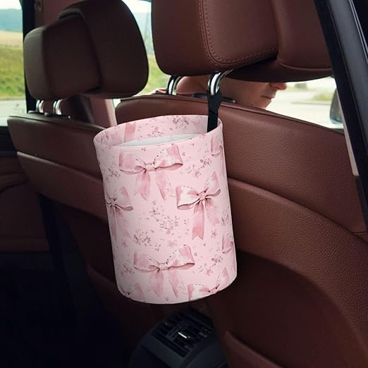 Pink Ribbon Bow Floral Car Trash Can Leak-Proof Waterproof Hanging Trash Bin Collapsible Garbage Can for Car Accessories Travelling Camping