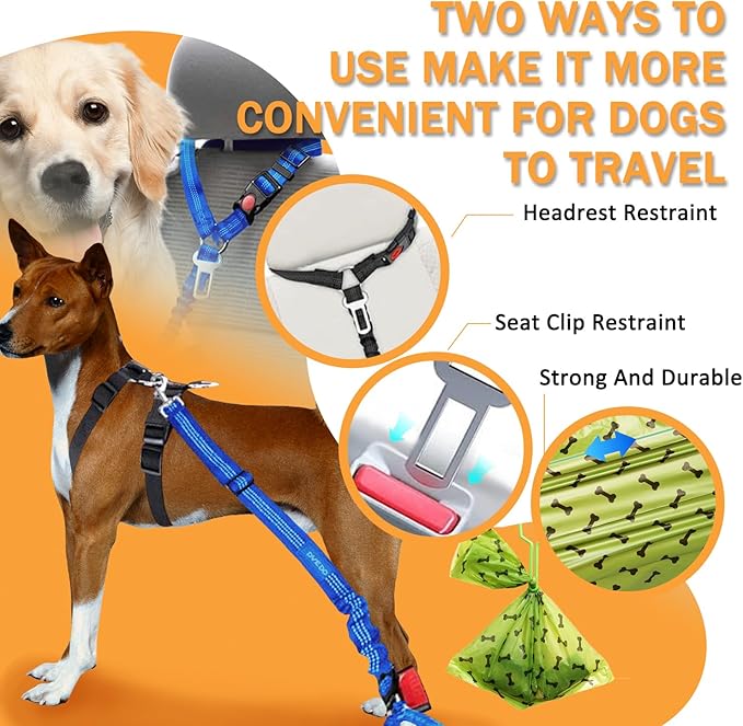 4 Piece Set Vehicle Harnesses, 2 in1 Dog Belts for Cars, Pet Harnesses Headrest Restraint Clip Adjustable Dog Car Harness Belt with Anti-Shock Elastic Bungee Buffer for All Vehicles