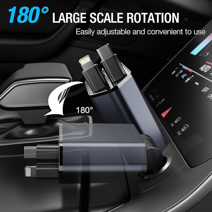 Retractable Car Charger - 4 in 1 Fast Car Phone Charger, 60W, 2 Retractable Cables, 2 USB Ports & Voltage Display, Compatible with iPhone 16/15/14/13/12/11 Series and Android