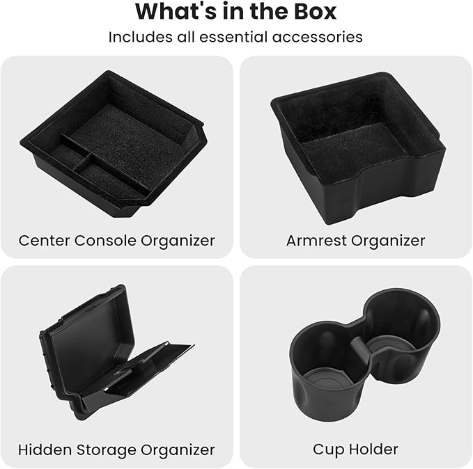 4Pcs Center Console Organizer Tray for Tesla Model Y Juniper 2025 2026 and Model 3 Highland 2024 2025 Accessories, Armrest Hidden Storage Box for New Model 3, Cup Holder Insert for New Model Y