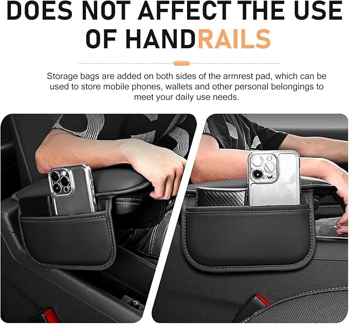 Car Center Console Cover, Car Leather Armrest Pad with 2 Storage Pockets, Center Console Anti-Scratch Booster Cushion, Universal Console Protector for Most Cars, SUVs and Trucks (Black)