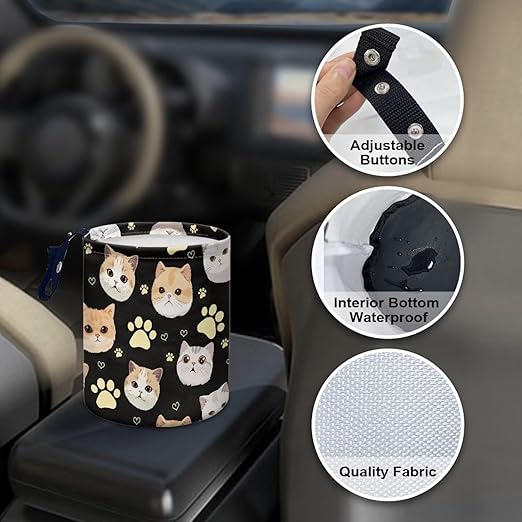 Cat Car Trash Bag Waste Basket with Adjustable Buttons Collapsible Car Storage Bag Multipurpose Road Trip Essentials for Outdoor Activities