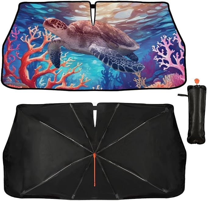 DOPINDU Sea Turtle Car Windshield Sun Shade Umbrella Bendable Handle Foldable Funny Sunshade for Car Windshield Block UV Rays Keep Vehicle Cool for Most Sedans SUV Trucks Cars 57"x30"