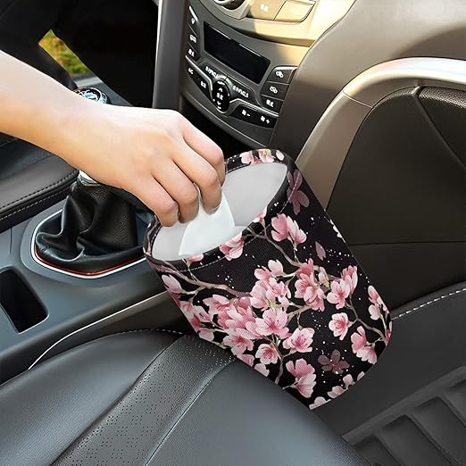 Brosoneto Cute Cherry Blossom Car Trash Can Reusable Foldable Hanging Portable Dustbin Bin for Back Seat, Front Console, Floor, or Hanging Headrest Waste Basket