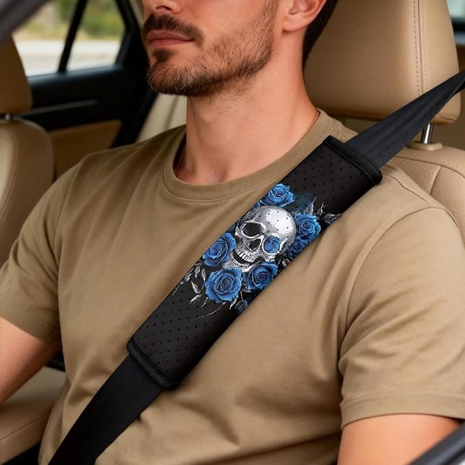 Qeluxign 5 Piece Car Seat Covers Full Set for Men Women Blue Rose Skull PU Leather Front Seats Cover Auto Seatbelt Shoulder Pads Vehicle Center Console Armrest Cover