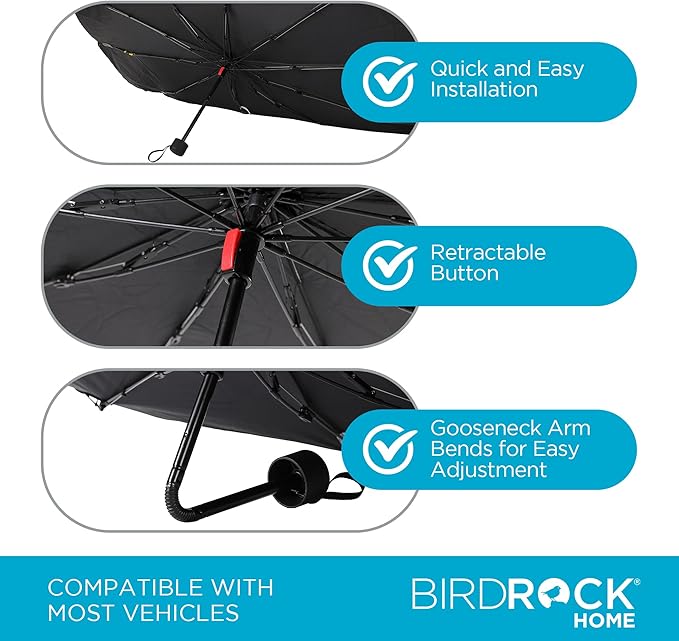 BIRDROCK HOME Car Windshield Sun Shade Umbrella - Foldable Cover UV Block for Front Window, Sunshield for SUV, Truck & Sedan, Protect Interior from Sun, Heat, & Wind - Extra Large - Black & Silver