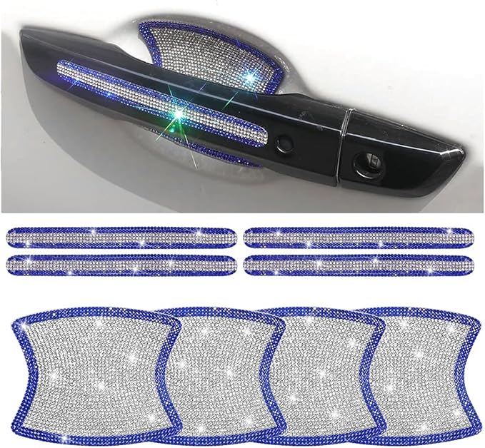8PCS Bling Car Door Handle Protector, Crystal Rhinestone Anti-Scratch Vehicle Door Handle Bowl Stickers, Glitter Automotive Exterior Decal Accessories, Universal for Vehicles (Blue/White)