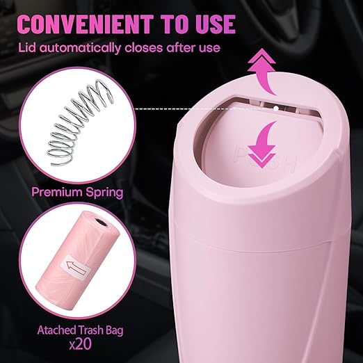 SGLRT Car Trash Can Bin with Lid - Car Garbage Can Cup Holder - Pink Mini Leakproof Vehicle Garbage Bin with 20pcs Trash Bags - Automobile Organizers and Storage for Front Back Seat Accessories
