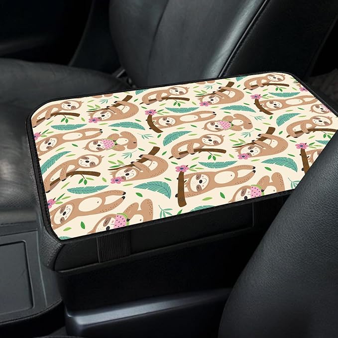 Car Center Console Cover, Universal Soft Large Neoprene Auto Armrest Seat Box Cover, Funny Car Decor Accessories Fit for Most Cars, Vehicles, SUVs Cute Sloth