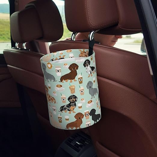 Cute Colored Coffee Dachshund Car Trash Can Leak Proof Hanging Waterproof Garbage Can Multipurpose Trash Bin for Car SUV Front Seat Headrest Collapsible and Portable Storage Pocket