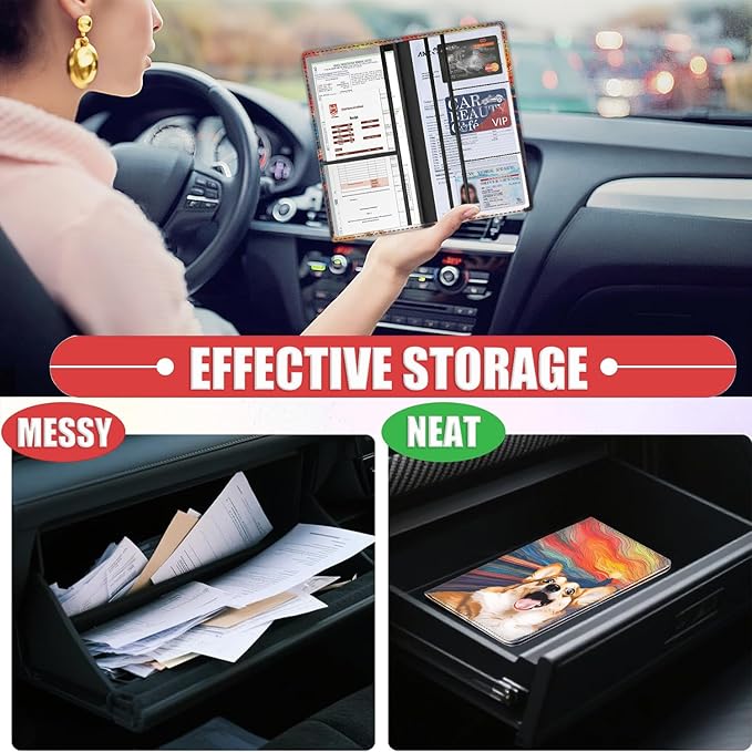 Car Registration and Insurance Card Holder for Women Men, Waterproof PU Leather Glove Box Car Organizer with Magnetic Shut, Vehicle Document Holder for Driver License,Cards, Corgi Dog Oil Painting