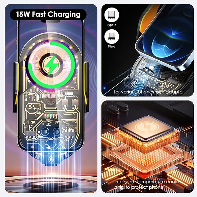 Wokyo Wireless Car Charger Mount, 66W Fast Magnetic Charging and 360° Rotatable, Intelligent Air Vent Car Phone Holder, Auto-Clamping Mount Wireless Charging Compatible Most Smartphones (Silver)