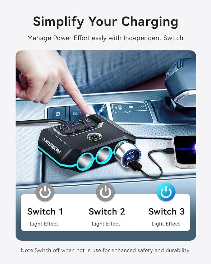 7-in-1 Cigarette Lighter Splitter, 120W Car Charger Adapter with 3 Sockets & Independent Switches, 4 USB Ports (USB-A/USB-C), LED Voltage Display, UL Certified, Built-in Fuse + Spare Fuse