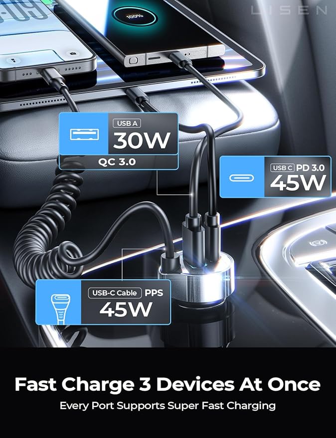 LISEN 90W for iPhone 17e 16 15 Pro Max Car Charger USB C Fast Charge,Super Fast for iPhone 15 16 17 Pro Car Charger USB C Adapter for iPhone 17 16 15 Air ProMax Plus,Samsung Galaxy S26 Ultra, Android