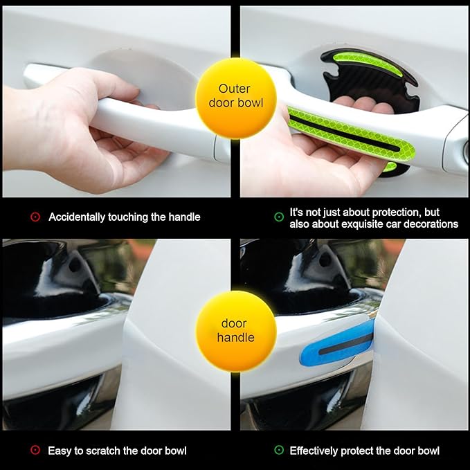 8PCS 3D Carbon Fiber Car Door Handle Protector Sticker, Universal Auto Door Handle Anti Scratch Cover Guard, Car Outdoor Safety Reflective Strips, Paint Guard Protective Films(Green)