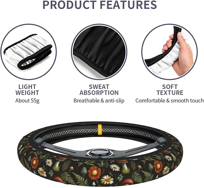 Vintage Woodland Fern Moth Dragonfly Mushroom Amanita Nature Universal Steering Wheel Cover for Men Women, Soft Anti Slip Stretch Neoprene Steering Wheel Covers Car Protector Accessories 15 Inch-Black