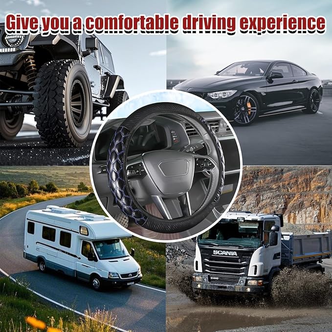Car Steering Wheel Cover, 15 inch Elastic PU Leather Non-Slip Vehicle Steering Wheel Protector, Breathable Automotive Interior Accessories, Universal for SUV, Truck, RV (Blue)