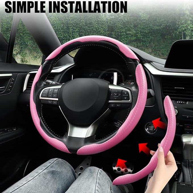 3pcs Carbon Fiber Car Steering Wheel Cover, Segmented Anti-Skid Steering Wheel Protector, Universal 99% Steering Wheel, Butterfly Steering Wheel Cover Women Men, Car Accessories Interior (Pink)