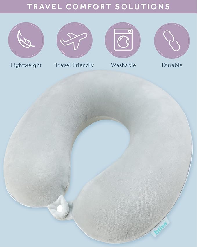 Bliss Neck Pillow - Lightweight U-Shaped Memory Foam Travel Neck Pillow with Snap Closure for Airplanes, Traveling, Offices, Cars, Grey Fleece