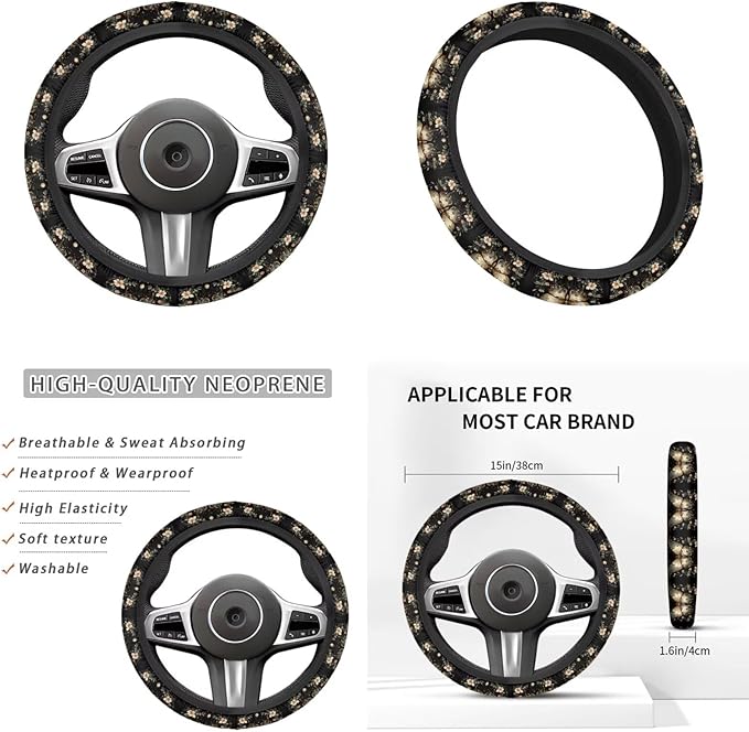 Flower Car Accessories 6 Pcs Sets Butterfly Car Steering Wheel Cars Interior Decor Handbrake Cover Cup Coaster Fit for SUV Truck Vans