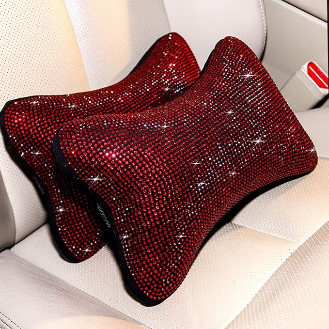 2 Pack Women Neck Pillow for Car Seat Driving Girl Burgundy Red, Auto Seat Headrest Cushion Driver Head Relax Neck Support Crystal Rhinestone Diamond Bling Christmas Car Accessories