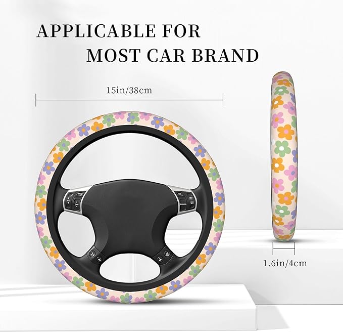 Flowers Floral Steering Wheel Cover Cute Universal 15 Inch Car Accessories Protector for Women Fit Auto SUV Sedan Vans Trucks