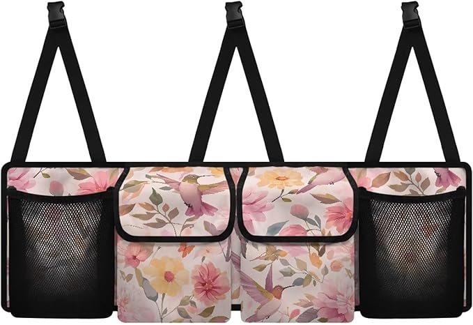 Car Trunk Organizer Backseat Hanging Organizer with 2 Large Storage Bag & 2 Mesh Pockets, Super Capacity Storage Solution for SUVs, Trucks, Vans, and Cars,Hummingbird Flower