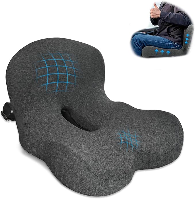 XZdream Memory Foam Seat Cushion,Office Chair Cushion with Lumbar Support for Back Pressure Relief, Car Seat Cushion with Adjustable Strap,Sciatica Pad Cushions for Car,Truck, Desk,Gaming Chair