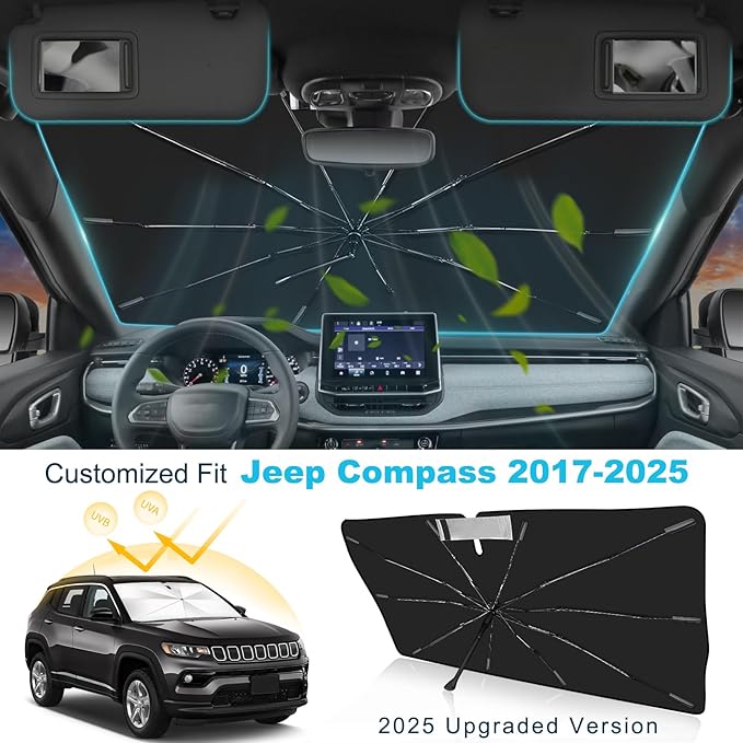 2025 Upgrade Windshield Sun Shade Umbrella Custom Fit for Jeep Compass 2017-2025 Foldable UV Protection Car Cover, Emergency Rain Shield & Dashboard Protector - Durable Auto Accessory