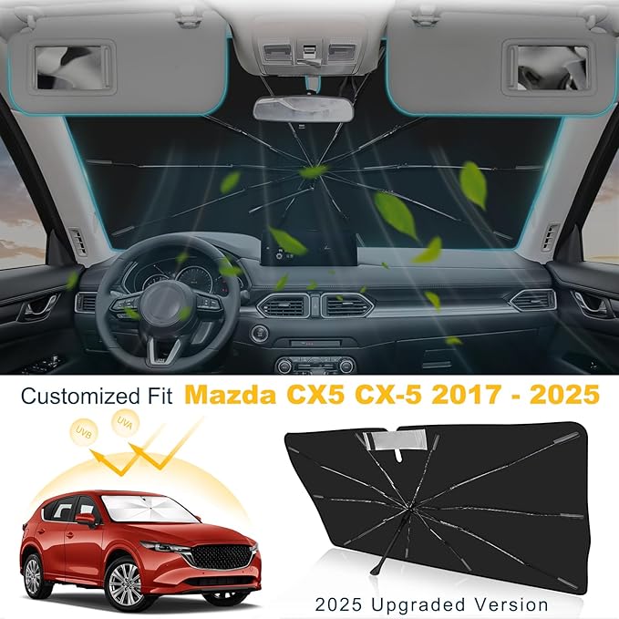 2025 Upgrade Windshield Sun Shade Umbrella Custom Fit CX5 CX-5 2017-2024 2025 Foldable UV Protection Car Cover, Emergency Rain Shield & Dashboard Protector - Durable Auto Accessory